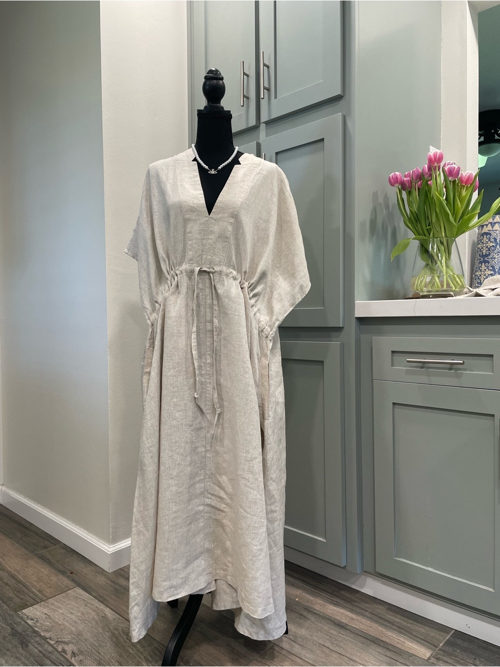 Linen Drawstring Maxi Dress in Natural